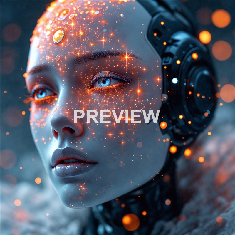 A highly detailed digital rendering of a humanoid robot with a human-like face, glowing blue eyes, and a large black mechanical ear, surrounded by glowing particles and star-like sparkles.
